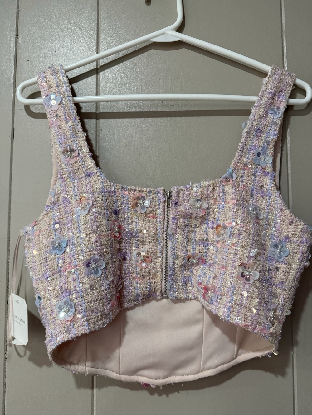 Altar'd State Pink Lavender Sequin Floral Tweed Crop Top - Picture 3 of 4